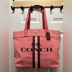 Coach A2047-391 Horse & Carriage Bordeaux Stripe & Pink Large Canvas Tote BNOT
